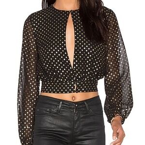 NEW LPA Black Gold Foil Polka Dot Blouse Keyhole Front Cropped Size XS